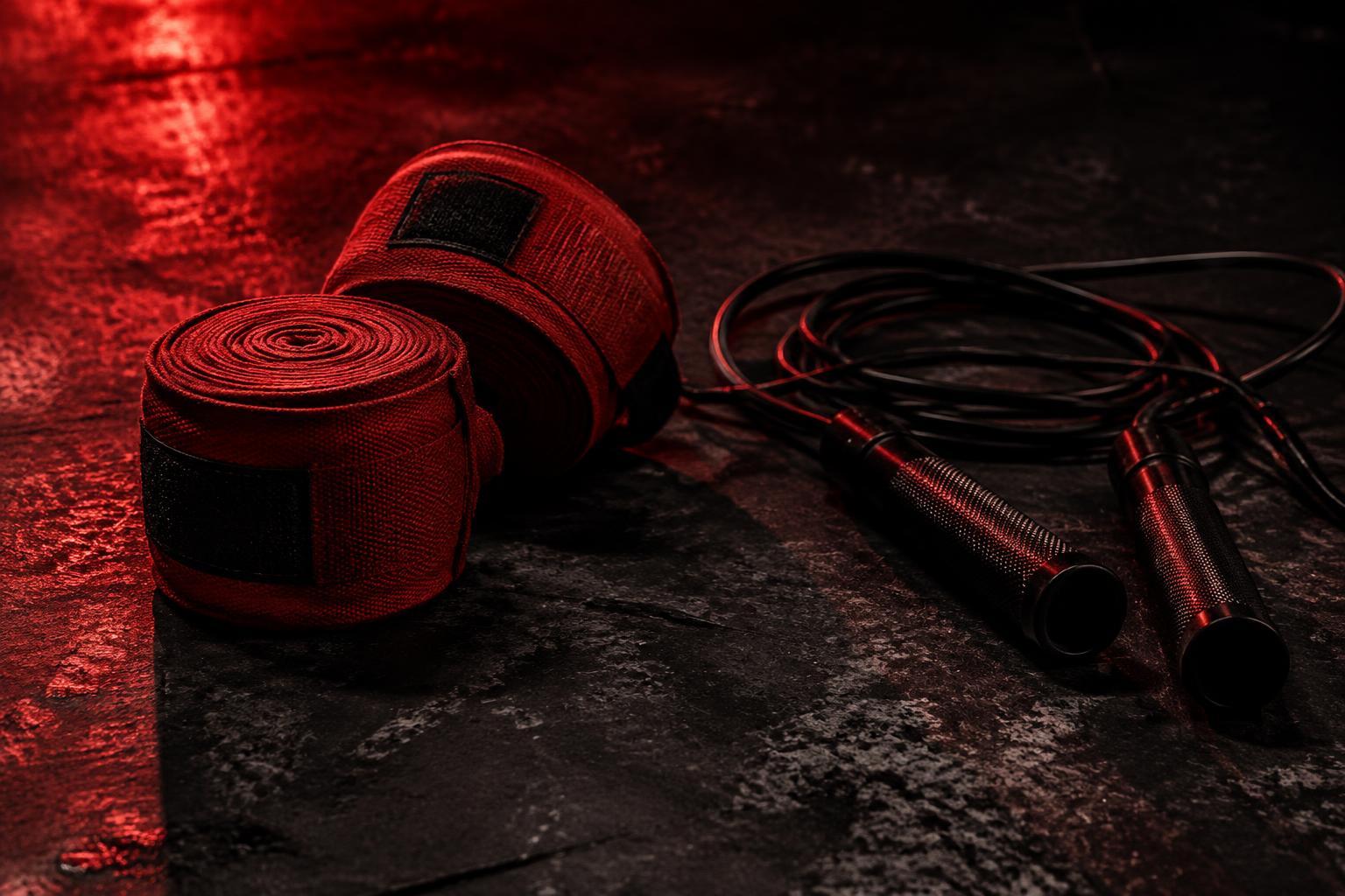 Red boxing hand wraps and a skipping rope on a dark floor