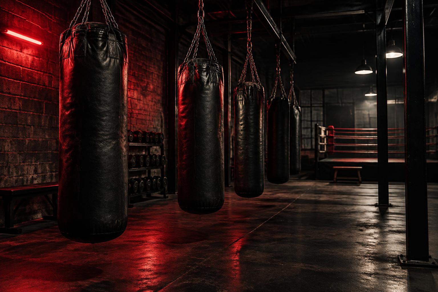 Heavy punch bags hanging in a dark gym